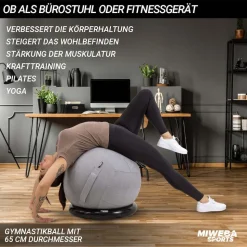 Miweba Sports 4in1-Gymnastikball-Set, Sitzball, 65 cm, Ballschale, Pumpe, Bezug, Schlingentrainer (Grau)