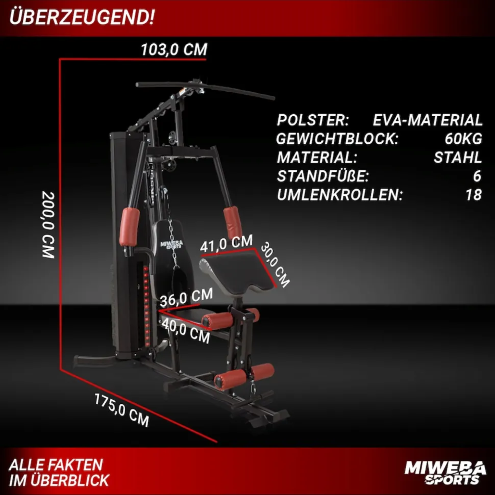 Miweba Sports 50in1-Kraftstation MK500 Pro, Fitnessstation mit ca. 60 kg Seilzug, Butterfly, Zugturm