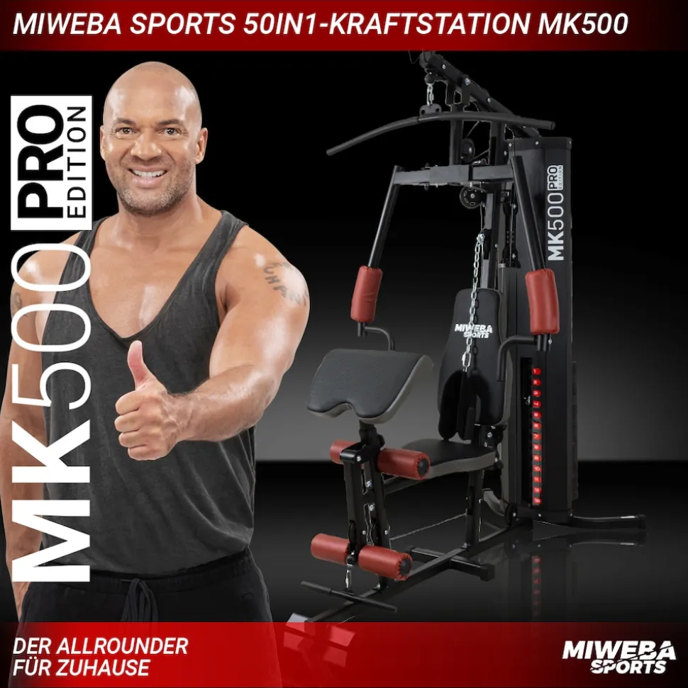 Miweba Sports 50in1-Kraftstation MK500 Pro, Fitnessstation mit ca. 60 kg Seilzug, Butterfly, Zugturm