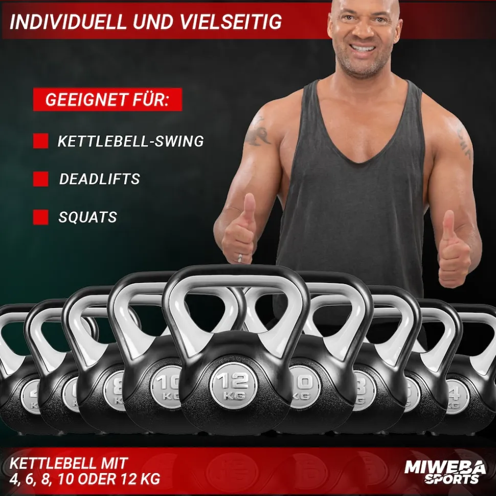 Miweba Sports Kettlebell KB200, Kunststoff-Kugelhantel, 4-12 kg, Anti-Rutsch-Griff, Hartgummifüße (4,0 kg)