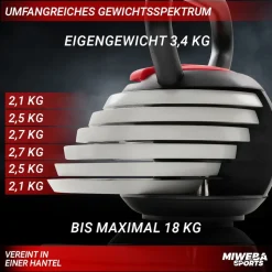 Miweba Sports Kettlebell KB300, verstellbar, 3,4-18 kg, 6 Gewichtscheiben, Easy-Lock-Mechanismus