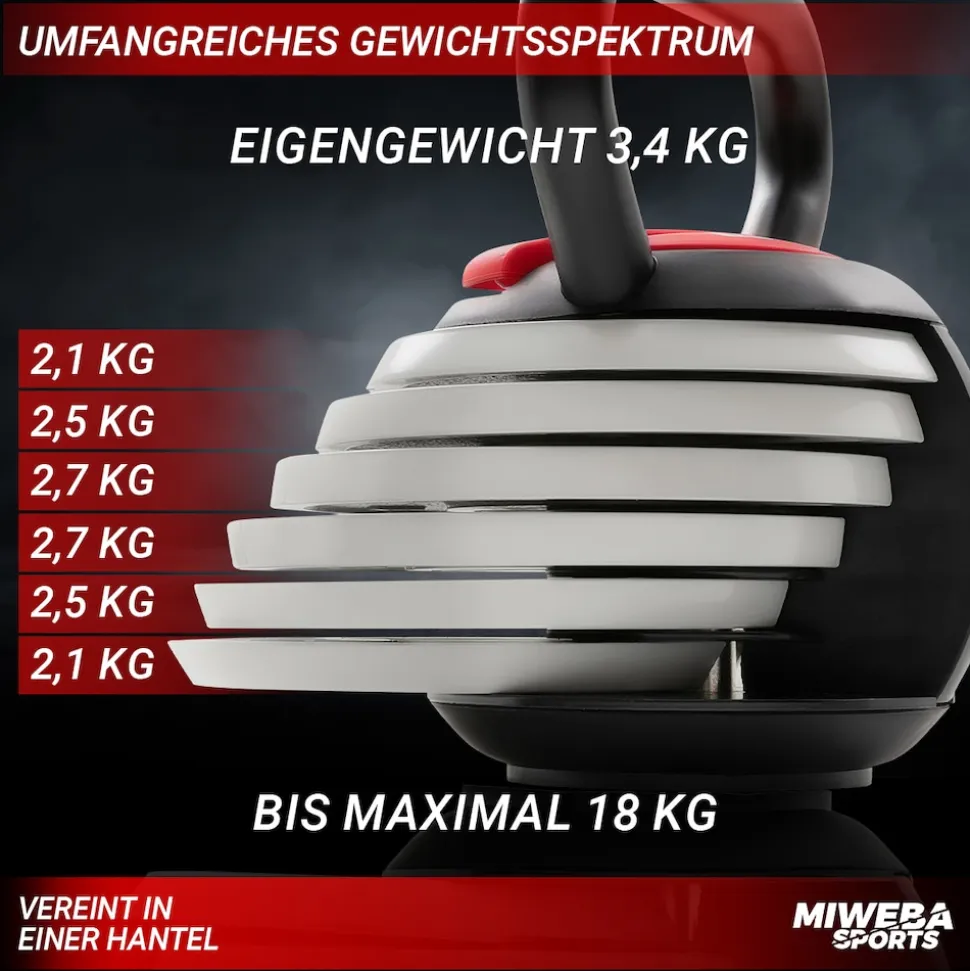 Miweba Sports Kettlebell KB300, verstellbar, 3,4-18 kg, 6 Gewichtscheiben, Easy-Lock-Mechanismus