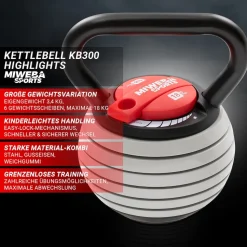 Miweba Sports Kettlebell KB300, verstellbar, 3,4-18 kg, 6 Gewichtscheiben, Easy-Lock-Mechanismus