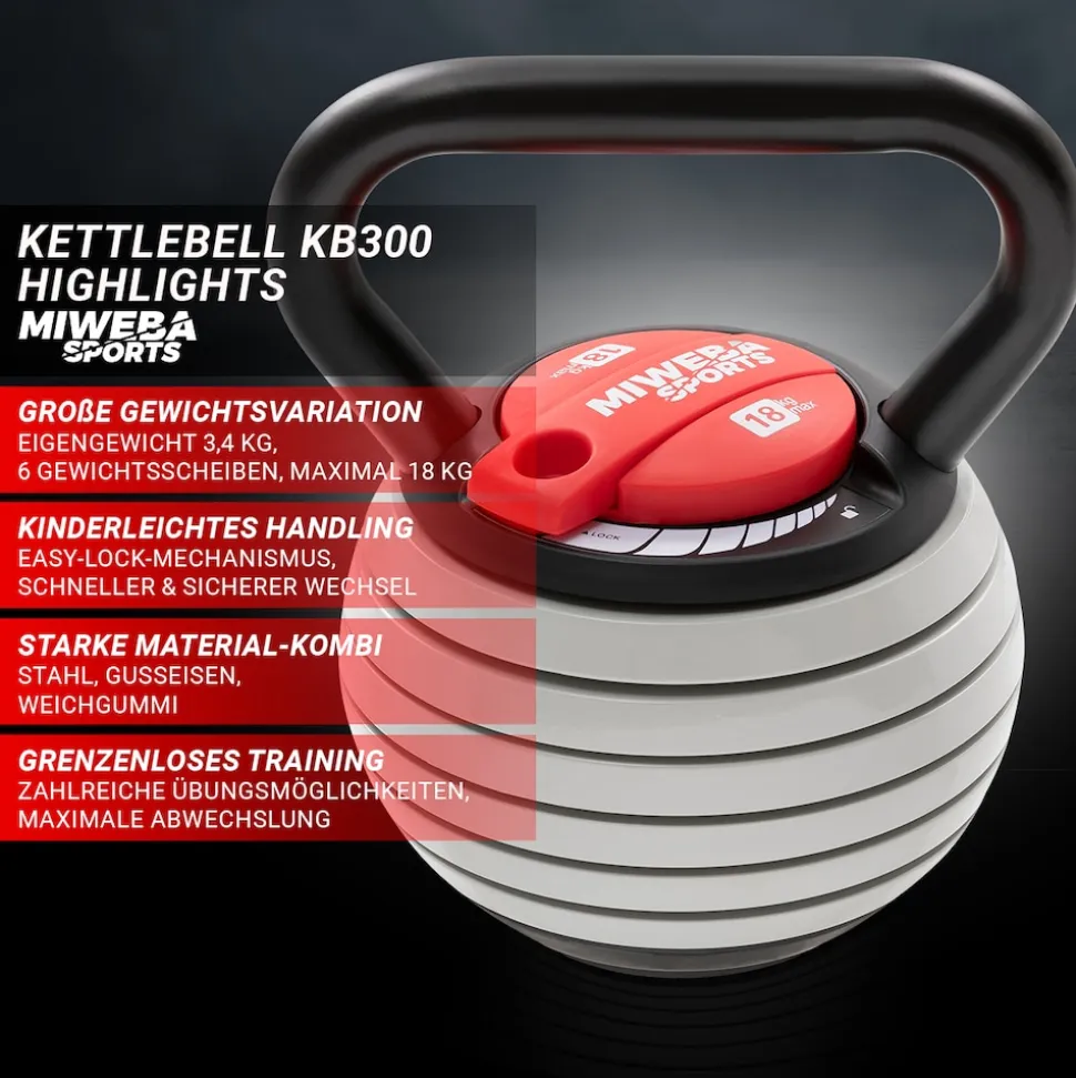Miweba Sports Kettlebell KB300, verstellbar, 3,4-18 kg, 6 Gewichtscheiben, Easy-Lock-Mechanismus