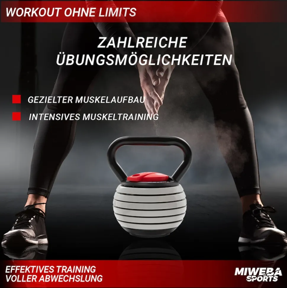 Miweba Sports Kettlebell KB300, verstellbar, 3,4-18 kg, 6 Gewichtscheiben, Easy-Lock-Mechanismus