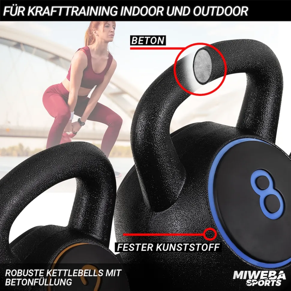 Miweba Sports Kettlebell-Set, 2-7 kg, Kettlebell-Ablage, Kugelhantel Indoor und Outdoor, Betonfüllung (2 - 8 kg)