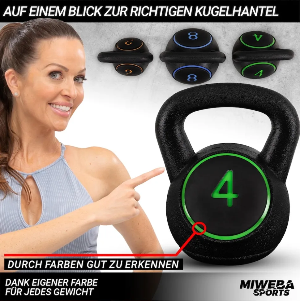 Miweba Sports Kettlebell-Set, 2-7 kg, Kettlebell-Ablage, Kugelhantel Indoor und Outdoor, Betonfüllung (2 - 8 kg)