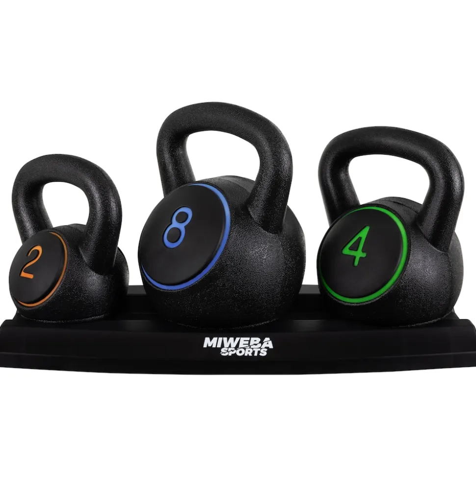 Miweba Sports Kettlebell-Set, 2-7 kg, Kettlebell-Ablage, Kugelhantel Indoor und Outdoor, Betonfüllung (2 - 8 kg)