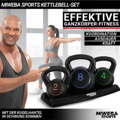 Miweba Sports Kettlebell-Set, 2-7 kg, Kettlebell-Ablage, Kugelhantel Indoor und Outdoor, Betonfüllung (2 - 8 kg)