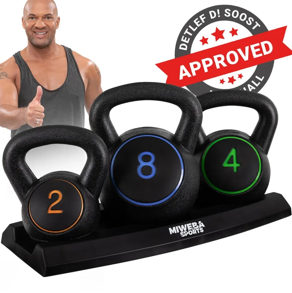 Miweba Sports Kettlebell-Set, 2-7 kg, Kettlebell-Ablage, Kugelhantel Indoor und Outdoor, Betonfüllung (2 - 8 kg)