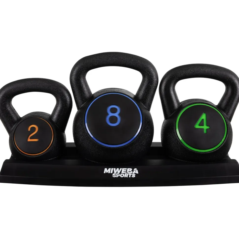 Miweba Sports Kettlebell-Set, 2-7 kg, Kettlebell-Ablage, Kugelhantel Indoor und Outdoor, Betonfüllung (2 - 8 kg)