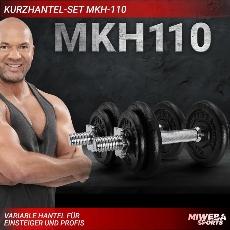 Miweba Sports Kurzhantel MKH110, 10 kg, Gewichte aus Gusseisen, Stahl-Hantelstange, Sternverschluss (Hantelpaar)