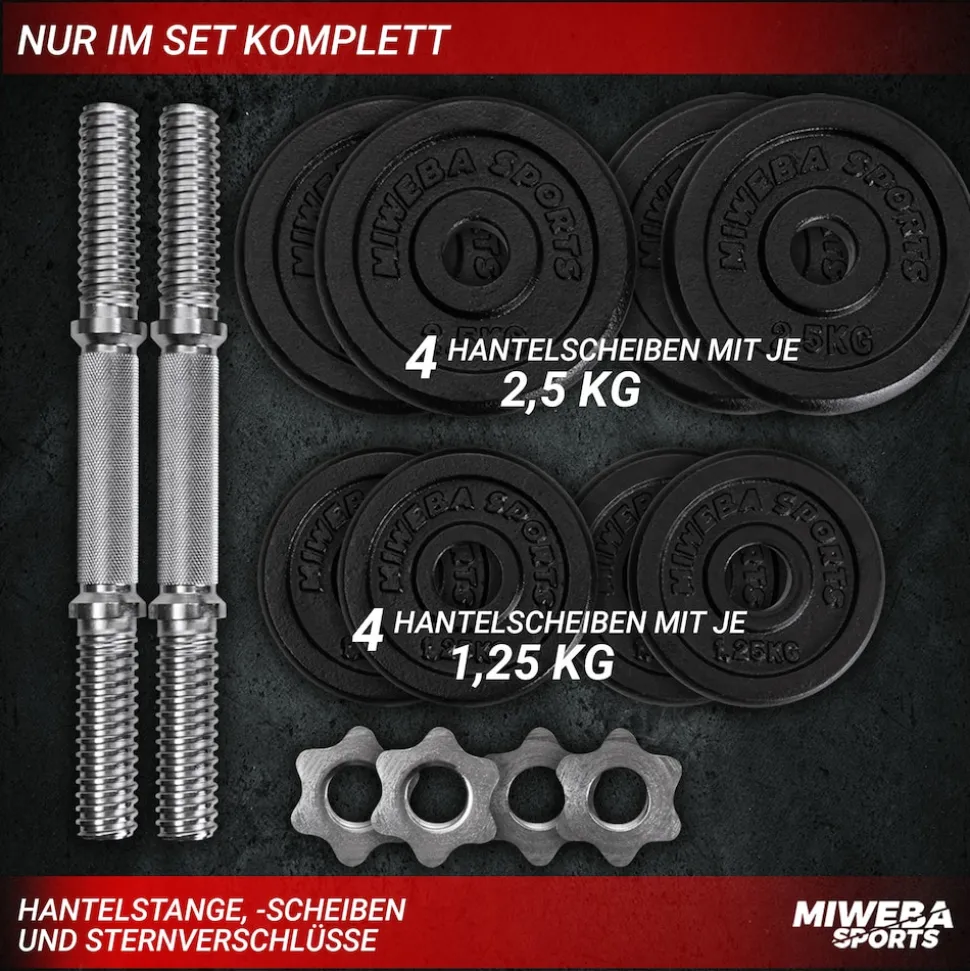 Miweba Sports Kurzhantel MKH110, 10 kg, Gewichte aus Gusseisen, Stahl-Hantelstange, Sternverschluss (Hantelpaar)