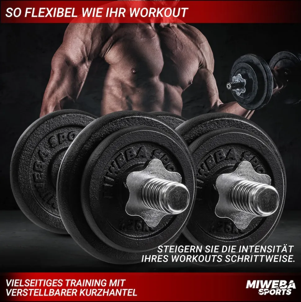 Miweba Sports Kurzhantel MKH110, 10 kg, Gewichte aus Gusseisen, Stahl-Hantelstange, Sternverschluss (Hantelpaar)