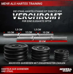 Miweba Sports Kurzhantel-Set MKH120, 20kg, Hantelkoffer, Gewichte aus Gusseisen, Stahl-Hantelstange (Mit Koffer)