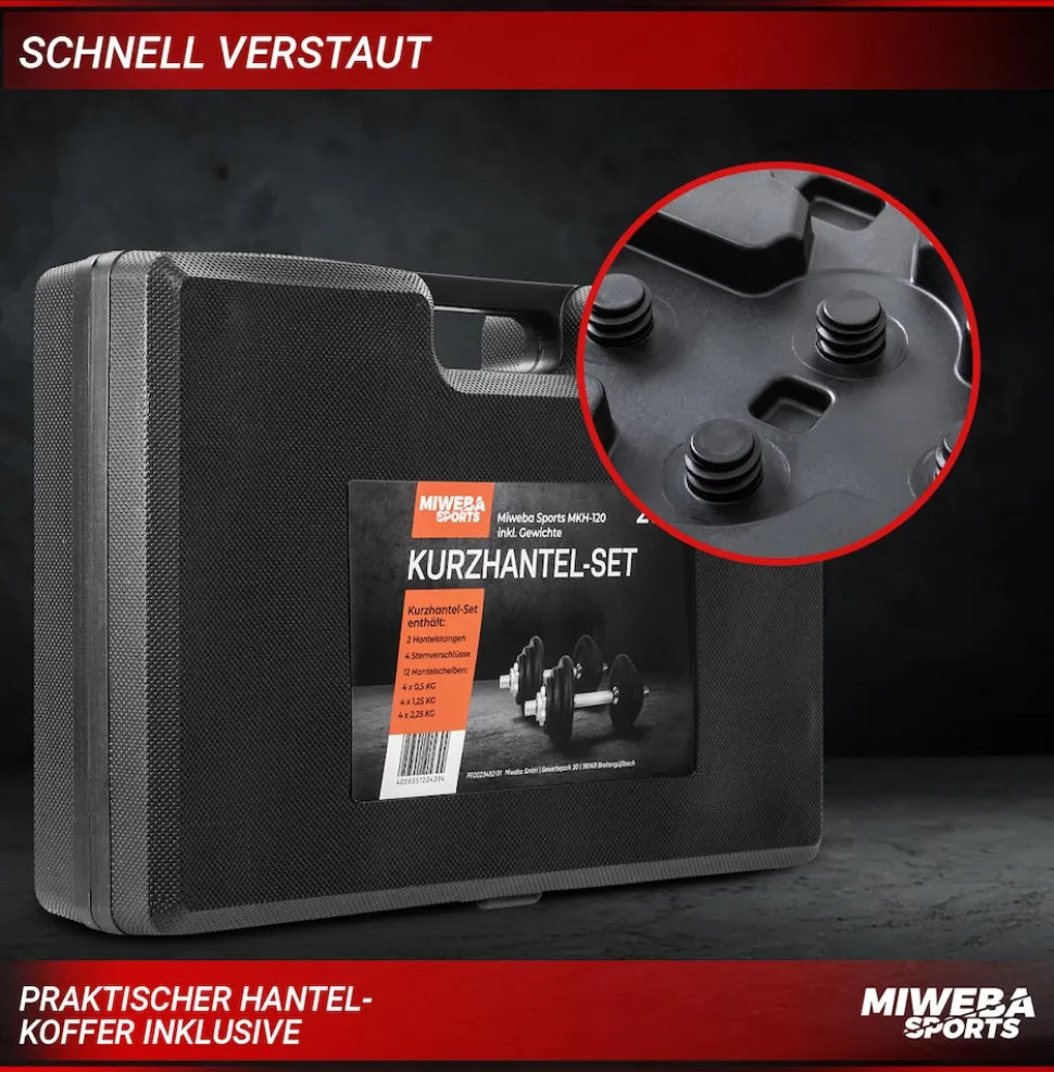 Miweba Sports Kurzhantel-Set MKH120, 20kg, Hantelkoffer, Gewichte aus Gusseisen, Stahl-Hantelstange (Mit Koffer)
