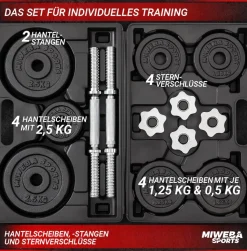 Miweba Sports Kurzhantel-Set MKH120, 20kg, Hantelkoffer, Gewichte aus Gusseisen, Stahl-Hantelstange (Mit Koffer)
