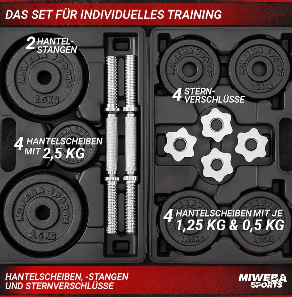 Miweba Sports Kurzhantel-Set MKH120, 20kg, Hantelkoffer, Gewichte aus Gusseisen, Stahl-Hantelstange (Mit Koffer)