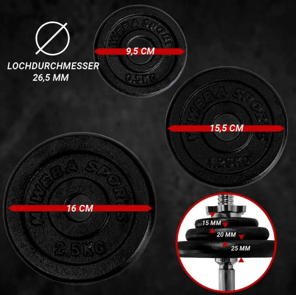 Miweba Sports Kurzhantel-Set MKH120, 20kg, Hantelkoffer, Gewichte aus Gusseisen, Stahl-Hantelstange (Mit Koffer)