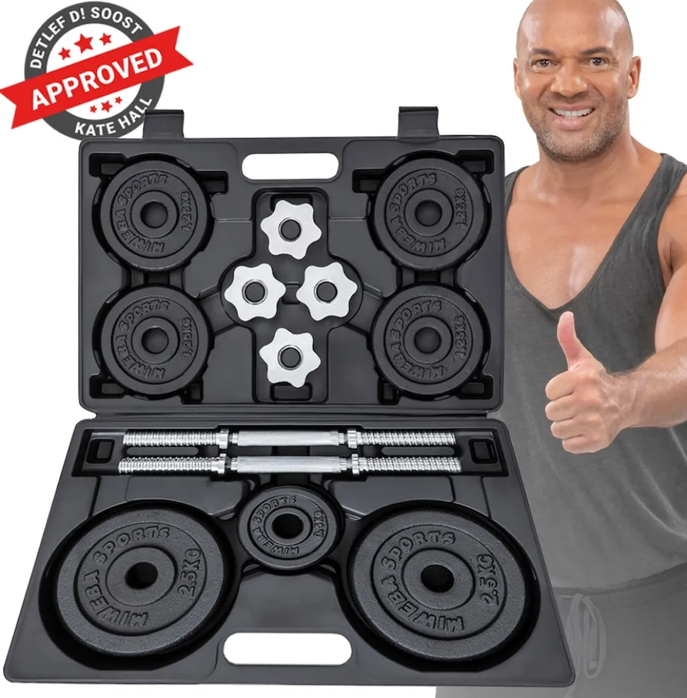 Miweba Sports Kurzhantel-Set MKH120, 20kg, Hantelkoffer, Gewichte aus Gusseisen, Stahl-Hantelstange (Mit Koffer)