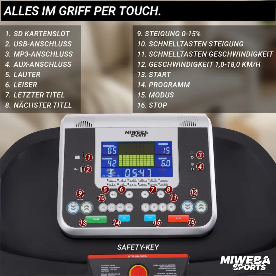 Miweba Sports Laufband Home Track HT5000, mit Steigung, 2600 Watt, große Lauffläche, 1-18 km/h (Schwarz)