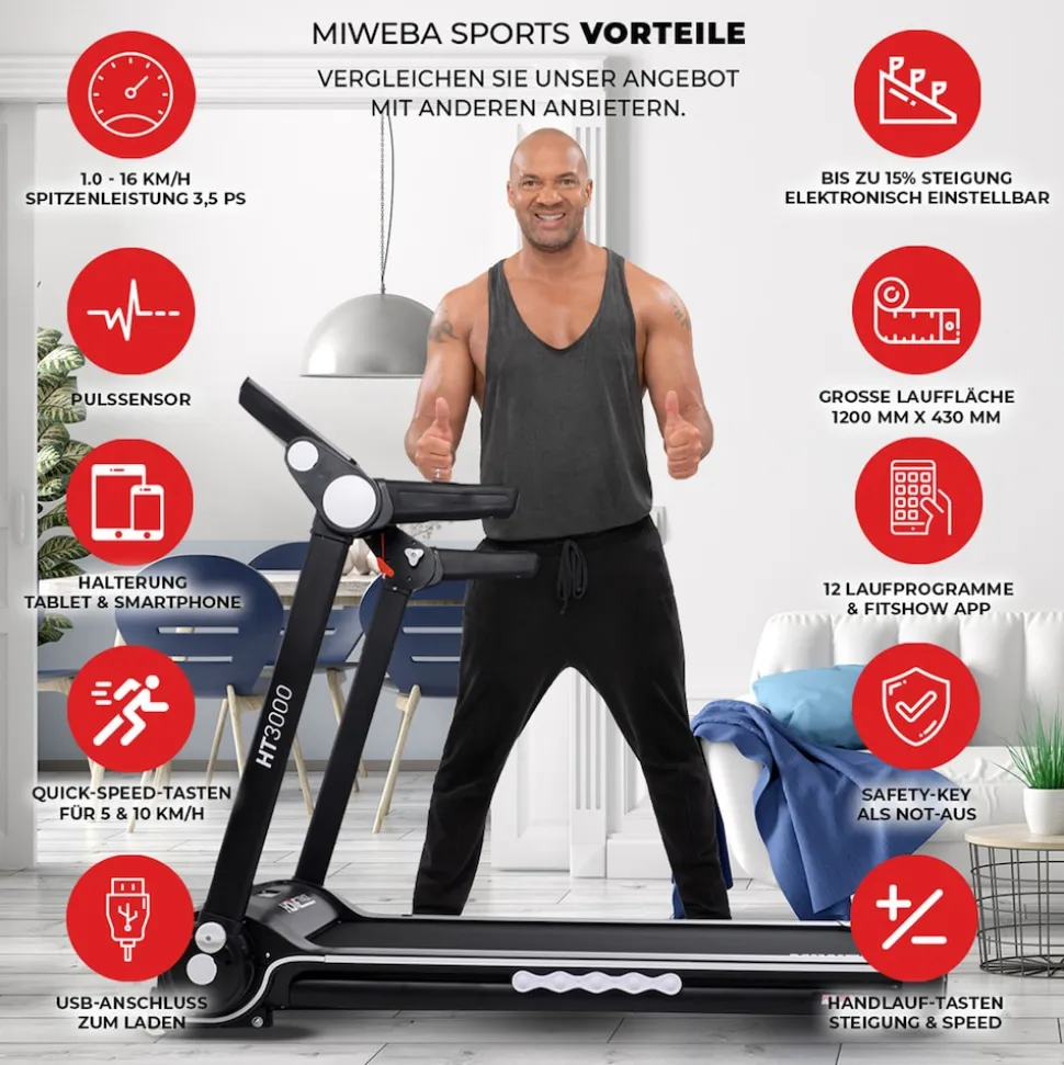 Miweba Sports Laufband Home Track HT3000, mit Steigung, 1300 Watt, 1-16 km/h, 12 Programme, klappbar (2.0, Schwarz/Weiß)