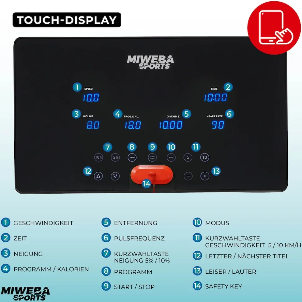 Miweba Sports Laufband Home Track HT3000, mit Steigung, 1300 Watt, 1-16 km/h, 12 Programme, klappbar (2.0, Schwarz/Weiß)