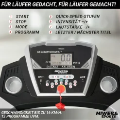 Miweba Sports Laufband Home Track HT1000F, klappbar, mit Steigung, 1-16km/h, Quick-Speed, Safety-Key (Schwarz)