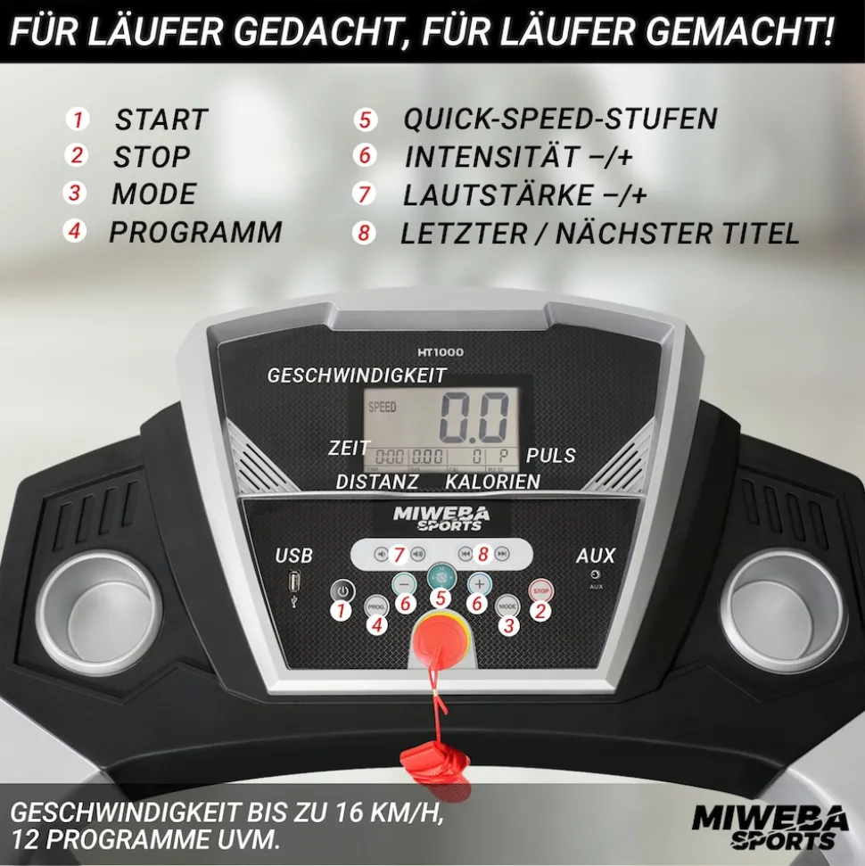 Miweba Sports Laufband Home Track HT1000F, klappbar, mit Steigung, 1-16km/h, Quick-Speed, Safety-Key (Schwarz)