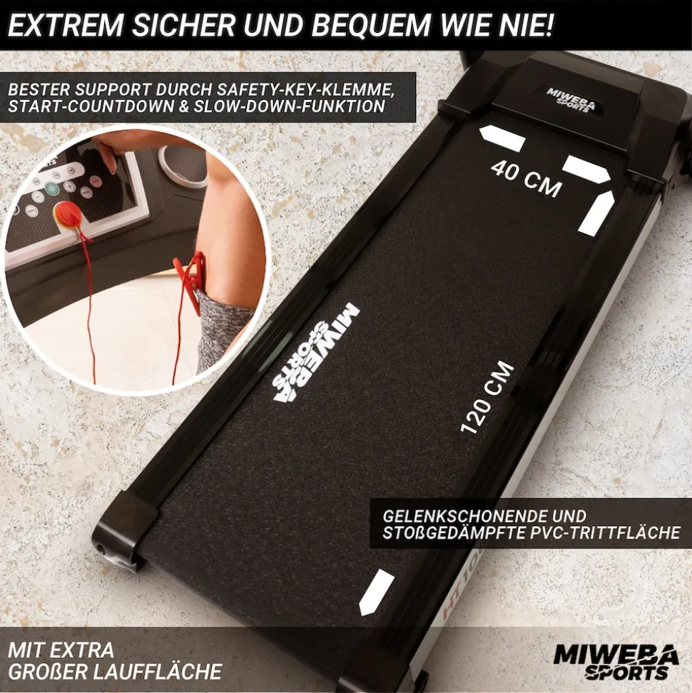 Miweba Sports Laufband Home Track HT1000F, klappbar, mit Steigung, 1-16km/h, Quick-Speed, Safety-Key (Schwarz)