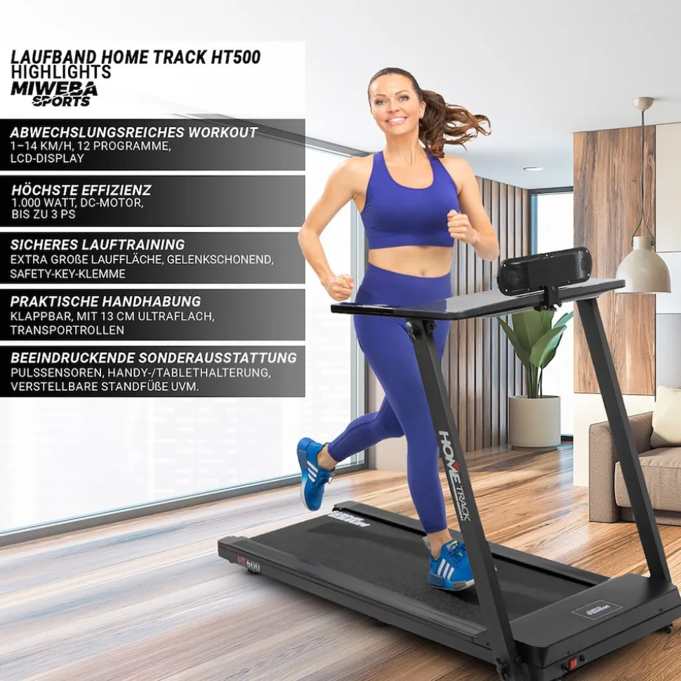 Miweba Sports Laufband Home Track HT500, klappbar, 1-14 km/h, Handy/-Tablethalter, 12 Programme (Schwarz)
