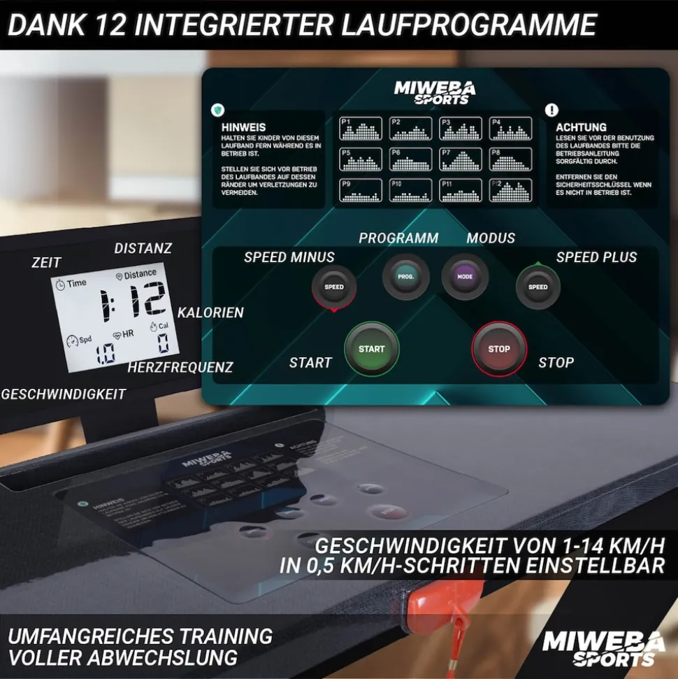 Miweba Sports Laufband Home Track HT500, klappbar, 1-14 km/h, Handy/-Tablethalter, 12 Programme (Schwarz)