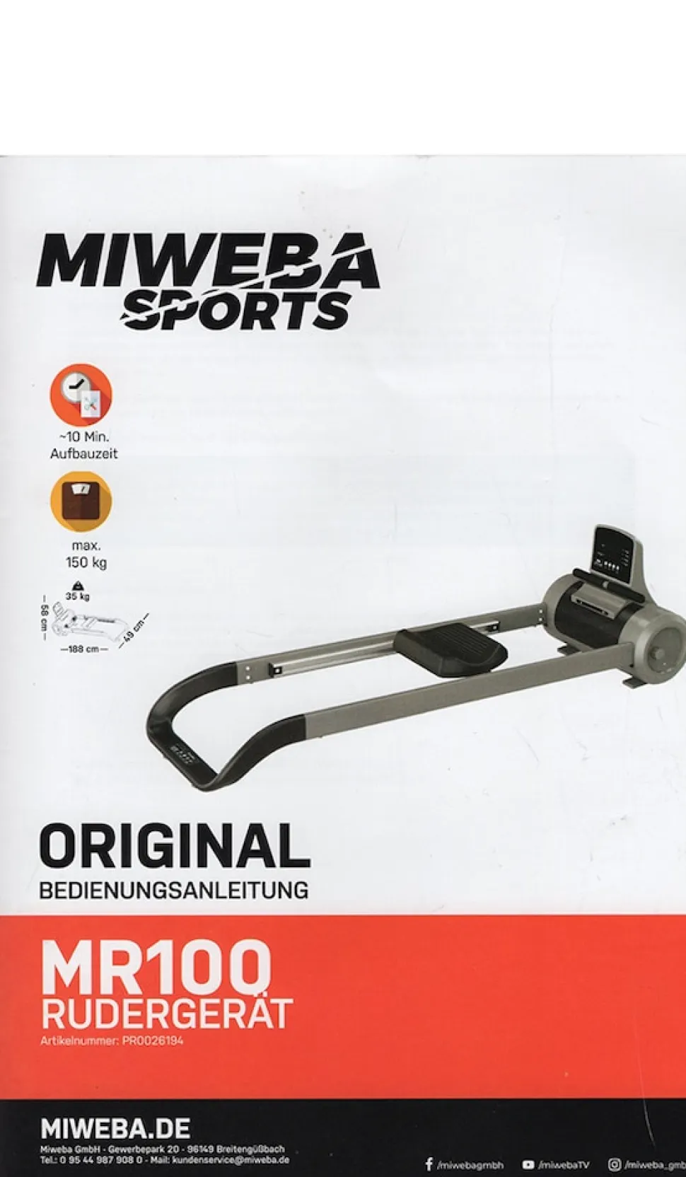 Miweba Sports Rudergerät MR100, Rudermaschine kompakt, Schaumstoff-Sitz, Display, Magnetbremse (Grau)