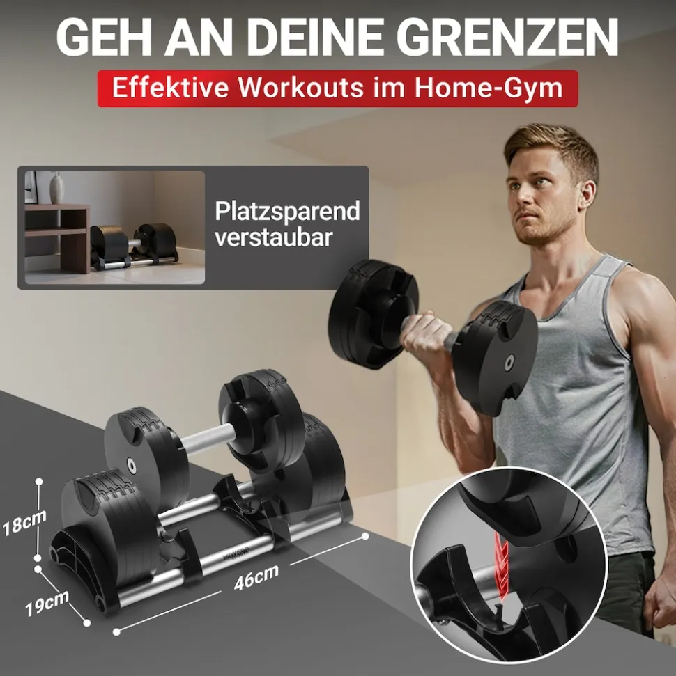 Miweba Sports verstellbare Kurzhantel VH200, Stahl, 2-28 kg, Hantelstange mit Profil, Halte-Gestell (28 kg)