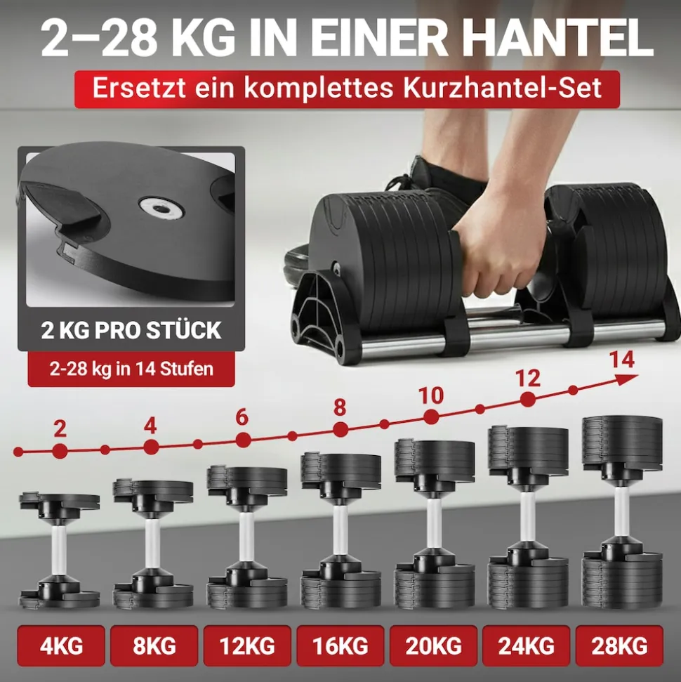 Miweba Sports verstellbare Kurzhantel VH200, Stahl, 2-28 kg, Hantelstange mit Profil, Halte-Gestell (28 kg)