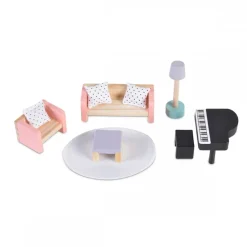 Moni Holz-Puppenmöbel Wohnzimmer 4011 Möbelset Klavier Sofa Lampe Tisch Teppich bunt
