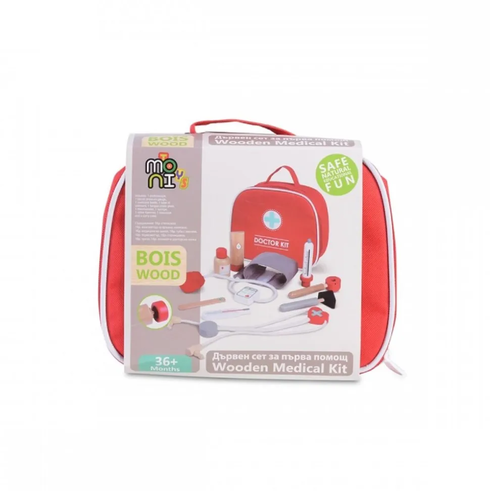 Moni Holzspielzeug Erste Hilfe Set 4501 Arztkoffer, 10-tlg, Tasche, Thermometer rot