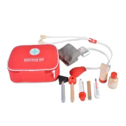 Moni Holzspielzeug Erste Hilfe Set 4501 Arztkoffer, 10-tlg, Tasche, Thermometer rot