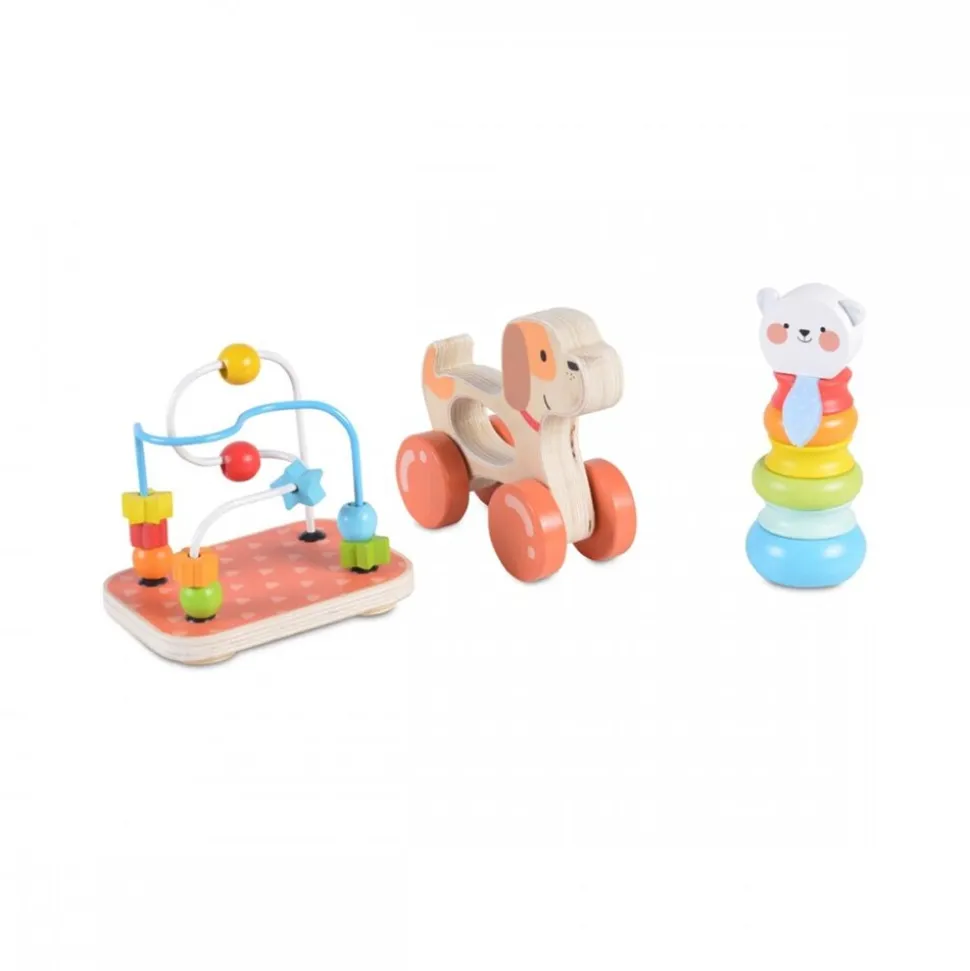 Moni Holzspielzeug-Set 2203, 9-tlg, Motorikschleife, Nachziehtier, Stapelspiel bunt