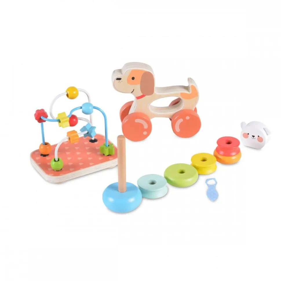 Moni Holzspielzeug-Set 2203, 9-tlg, Motorikschleife, Nachziehtier, Stapelspiel bunt