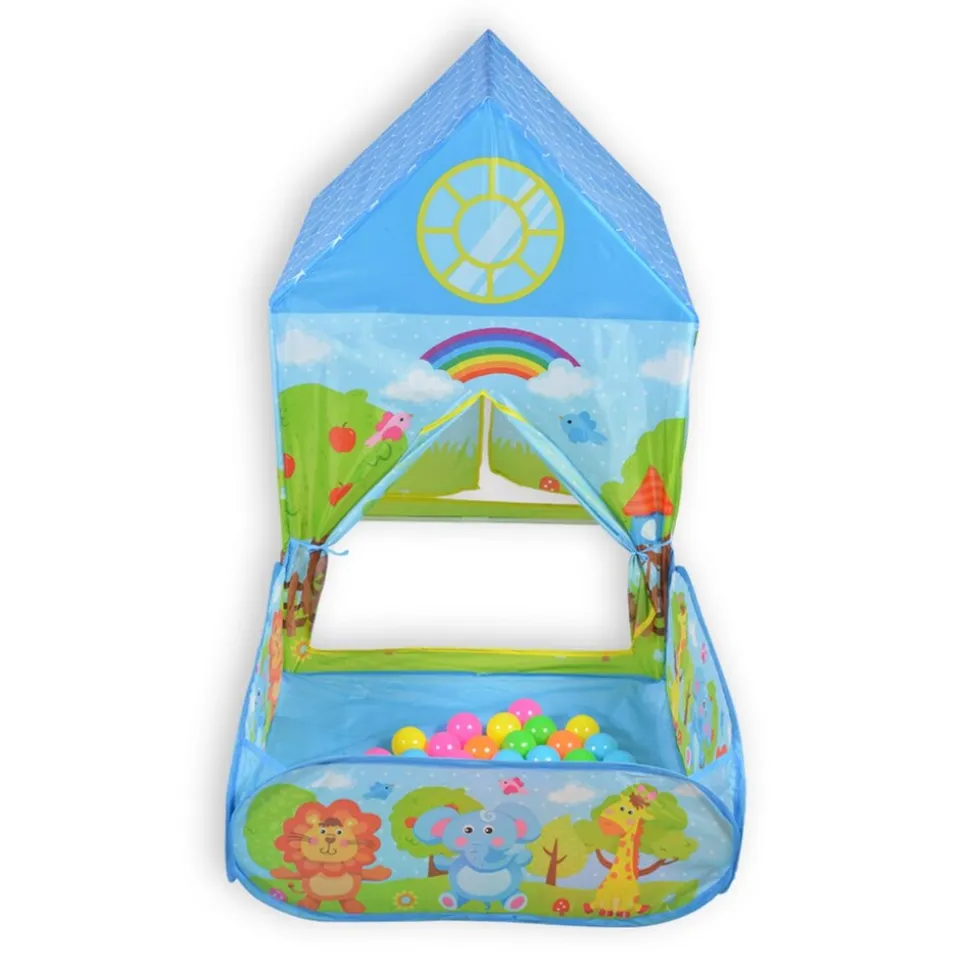 Moni 2 in 1 Kinderspielzelt Zoo 995-5001E, Bällebad, 50 Spielbälle, Stofftüren blau