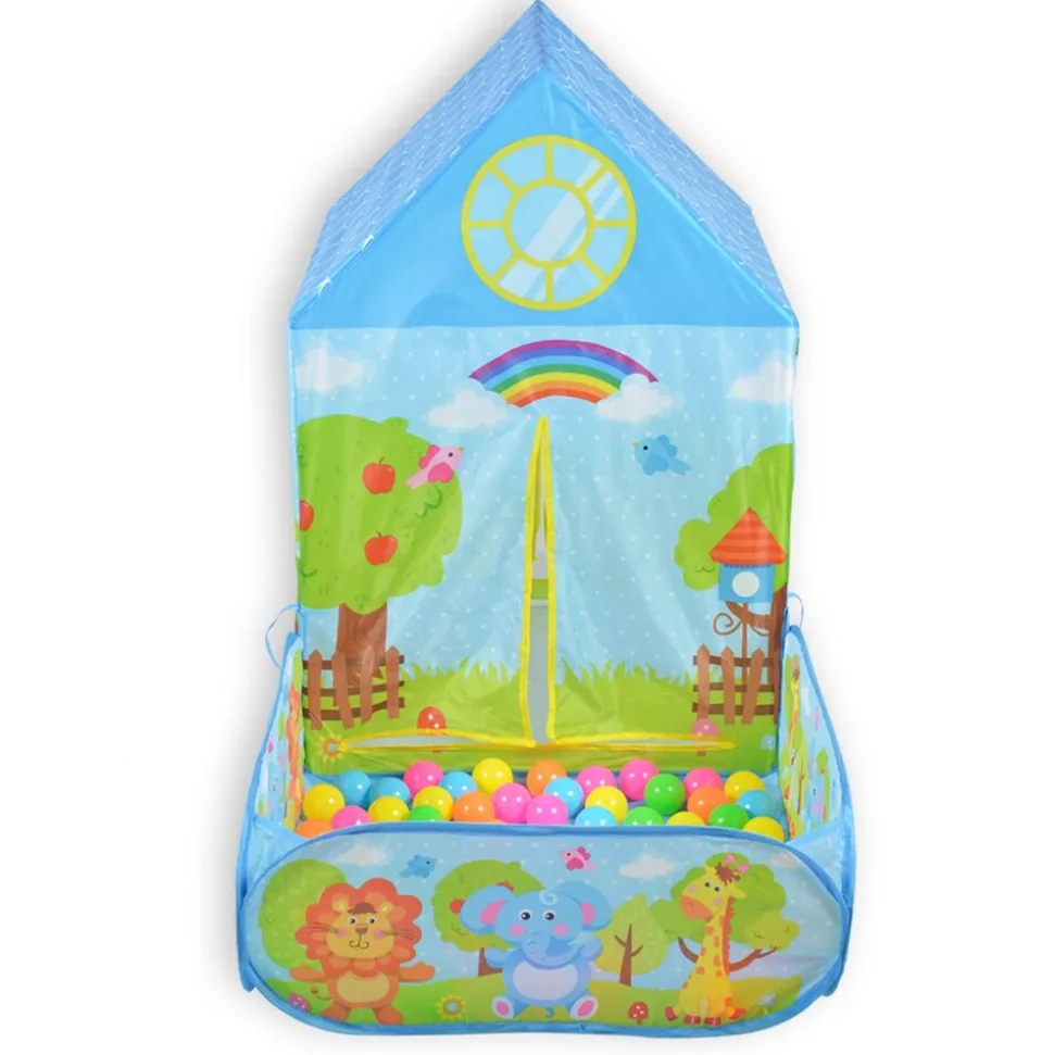 Moni 2 in 1 Kinderspielzelt Zoo 995-5001E, Bällebad, 50 Spielbälle, Stofftüren blau