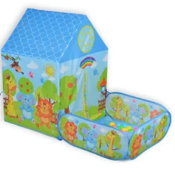 Moni 2 in 1 Kinderspielzelt Zoo 995-5001E, Bällebad, 50 Spielbälle, Stofftüren blau