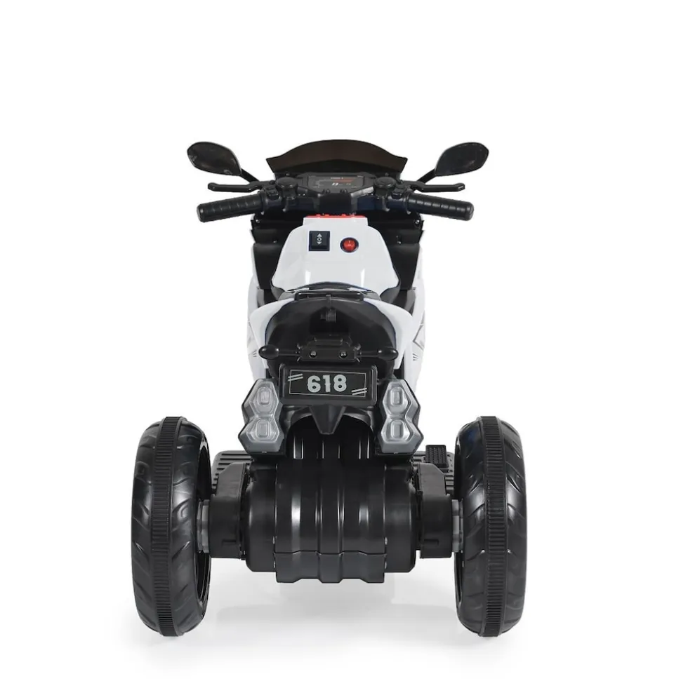 Moni Kinder Elektromotorrad Hurricane drei Räder, Musikfunktion, Rückwärtsgang weiß