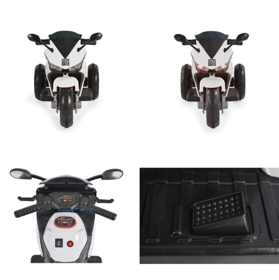Moni Kinder Elektromotorrad Hurricane drei Räder, Musikfunktion, Rückwärtsgang weiß