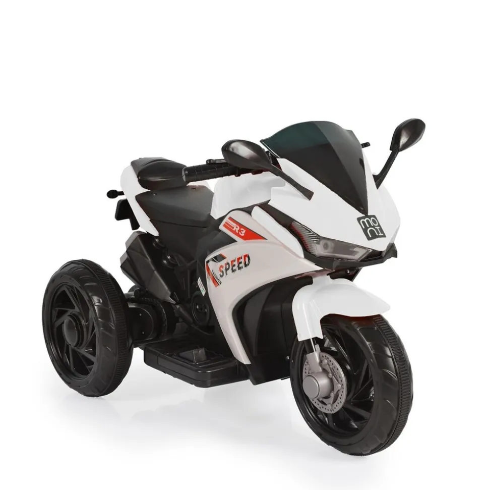 Moni Kinder Elektromotorrad Hurricane drei Räder, Musikfunktion, Rückwärtsgang weiß