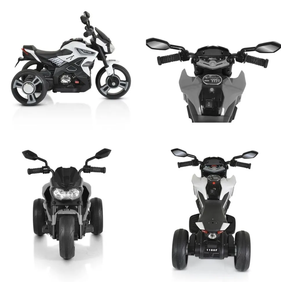 Moni Kinder Elektromotorrad Colombo Scheinwerfer, zwei Motoren, MP3, bis 7 km/h weiß uni