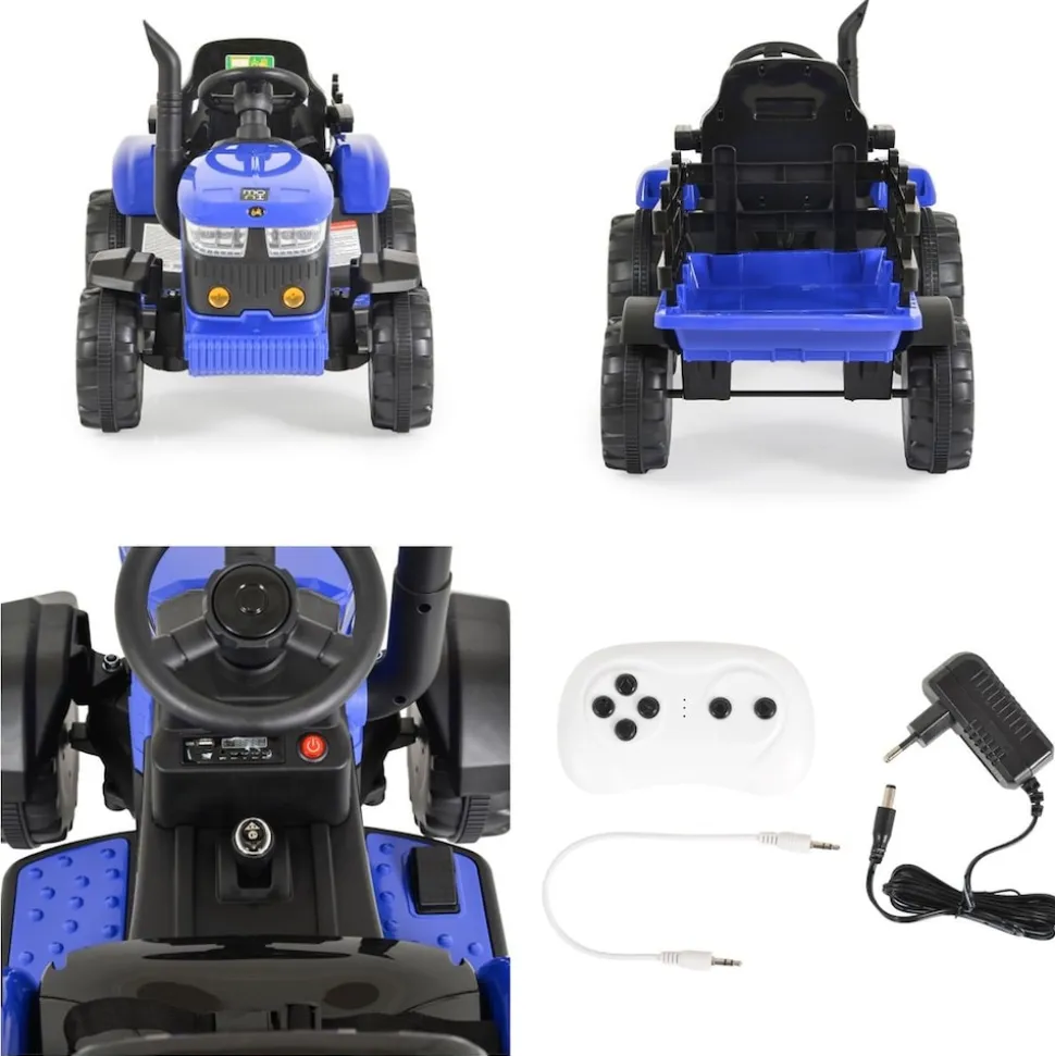 Moni Kinder Elektrotraktor Rancher mit Anhänger, Hupe, Licht, MP3, Fernbedienung blau