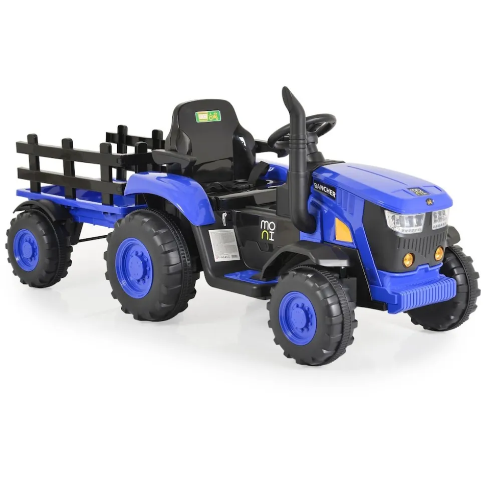 Moni Kinder Elektrotraktor Rancher mit Anhänger, Hupe, Licht, MP3, Fernbedienung blau