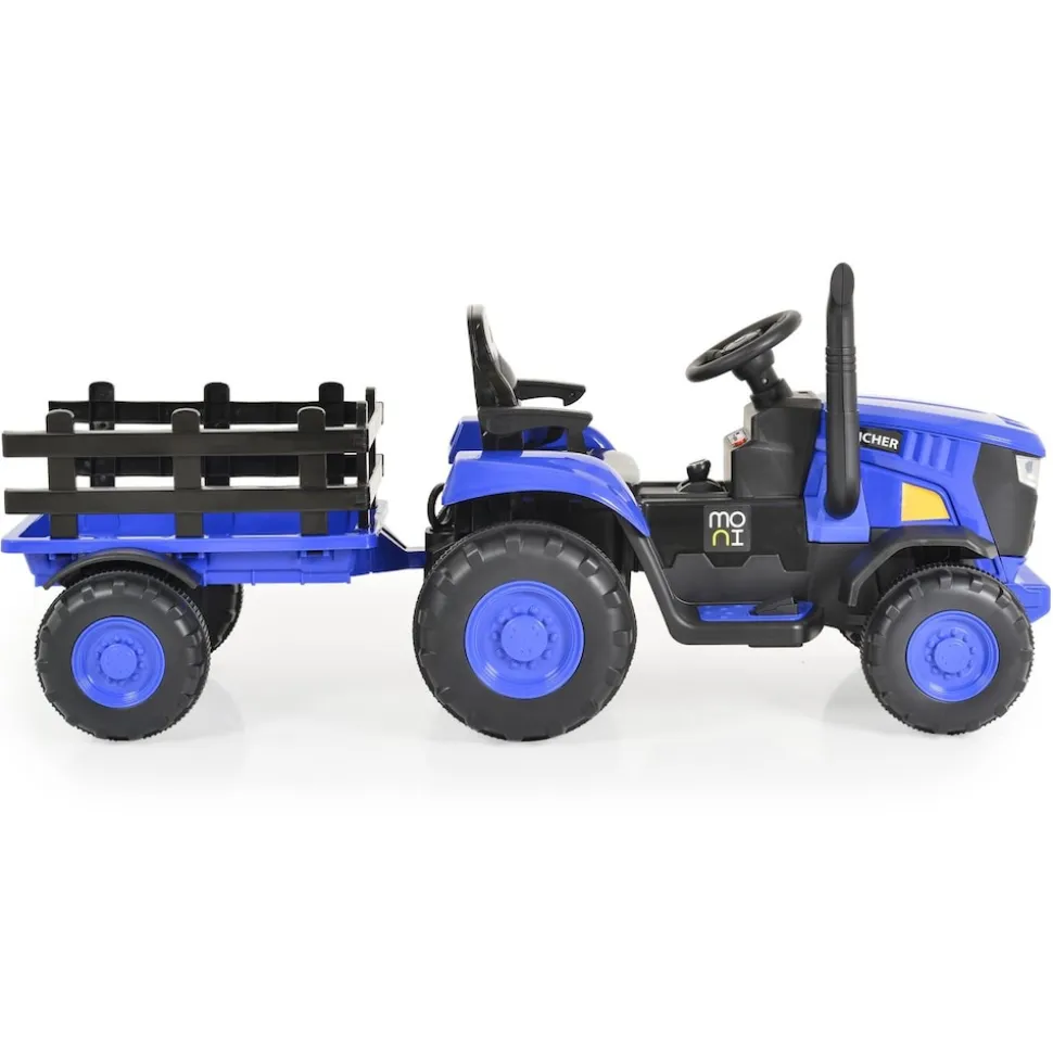 Moni Kinder Elektrotraktor Rancher mit Anhänger, Hupe, Licht, MP3, Fernbedienung blau